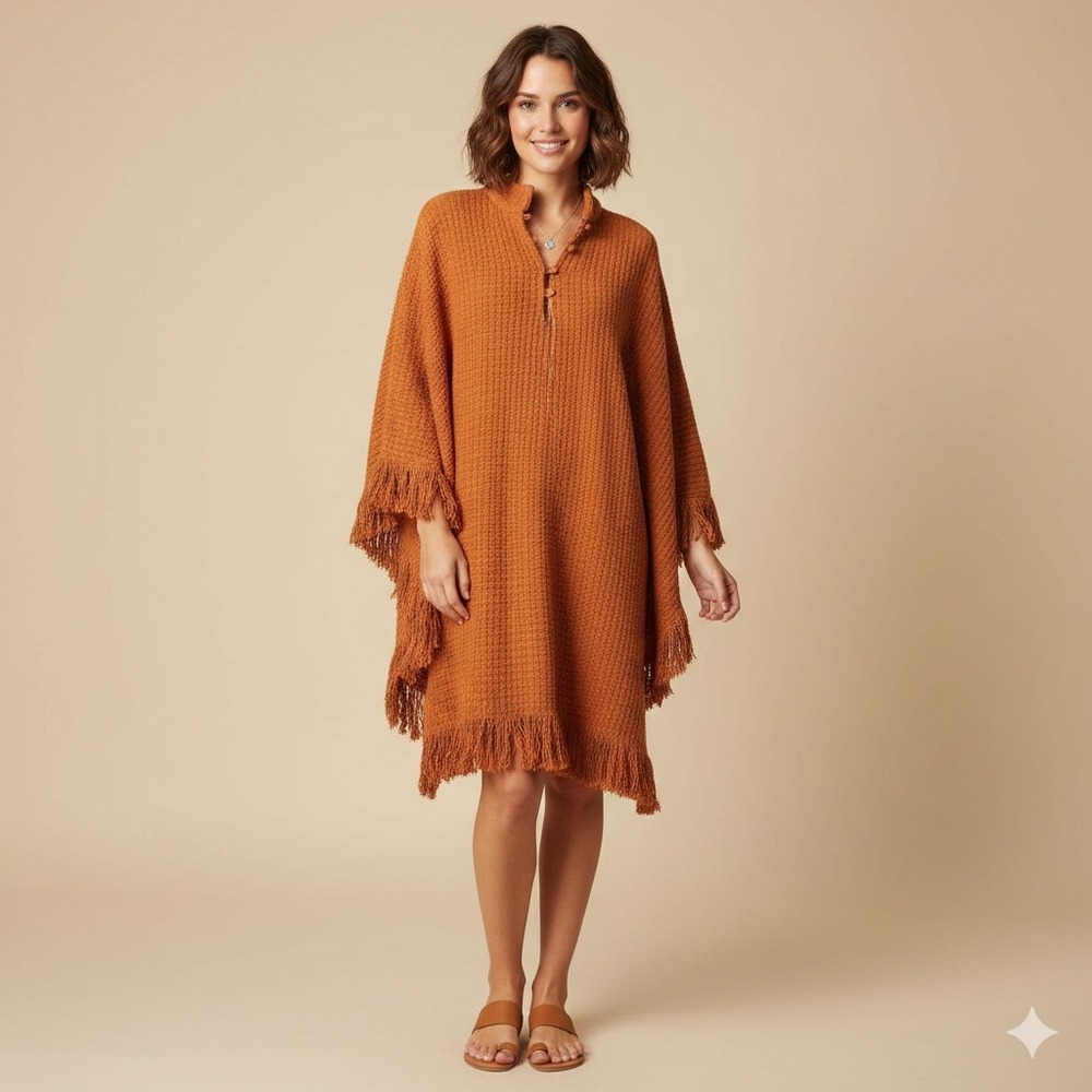 La Vie Style House Burnt Orange Knit Caftan Dress Mandarin Collar One Size